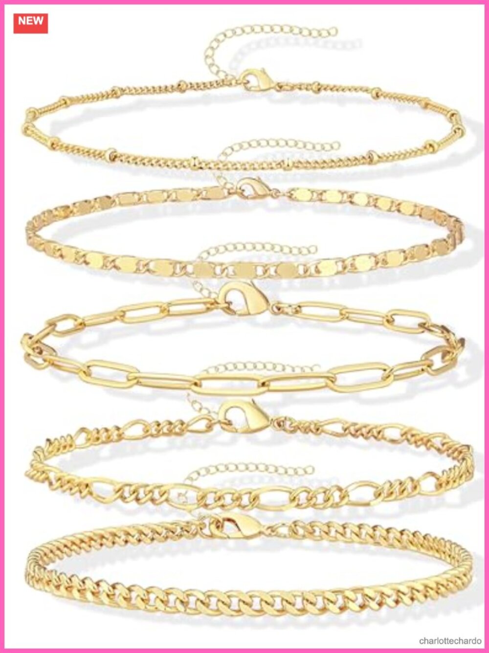 14k Gold Plated Waterproof Layered Anklet Set Cuban Figaro Chain Anklets